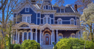 A blue and white Victorian style bed and breakfast