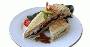 A gourmet Panini sandwich on a blue plate