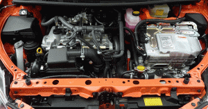 Overhead view of the engine of a Toyota Prius C