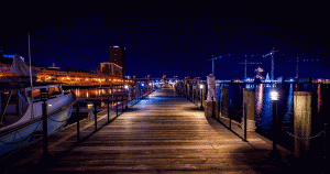 View of the Norfolk, VA marine at night