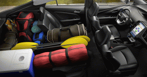 Interior view of a Toyota Prius packed for a day on the water