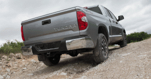 Rear tailgate of a silver Toyota Tundra