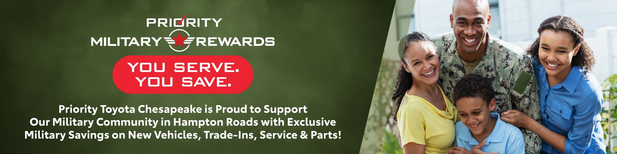 Priority Toyota Military Rewards Logo and benefits with a photo of a soldier with his family